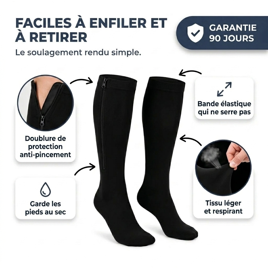 Bas de contention à compression dégressive avec fermeture éclair