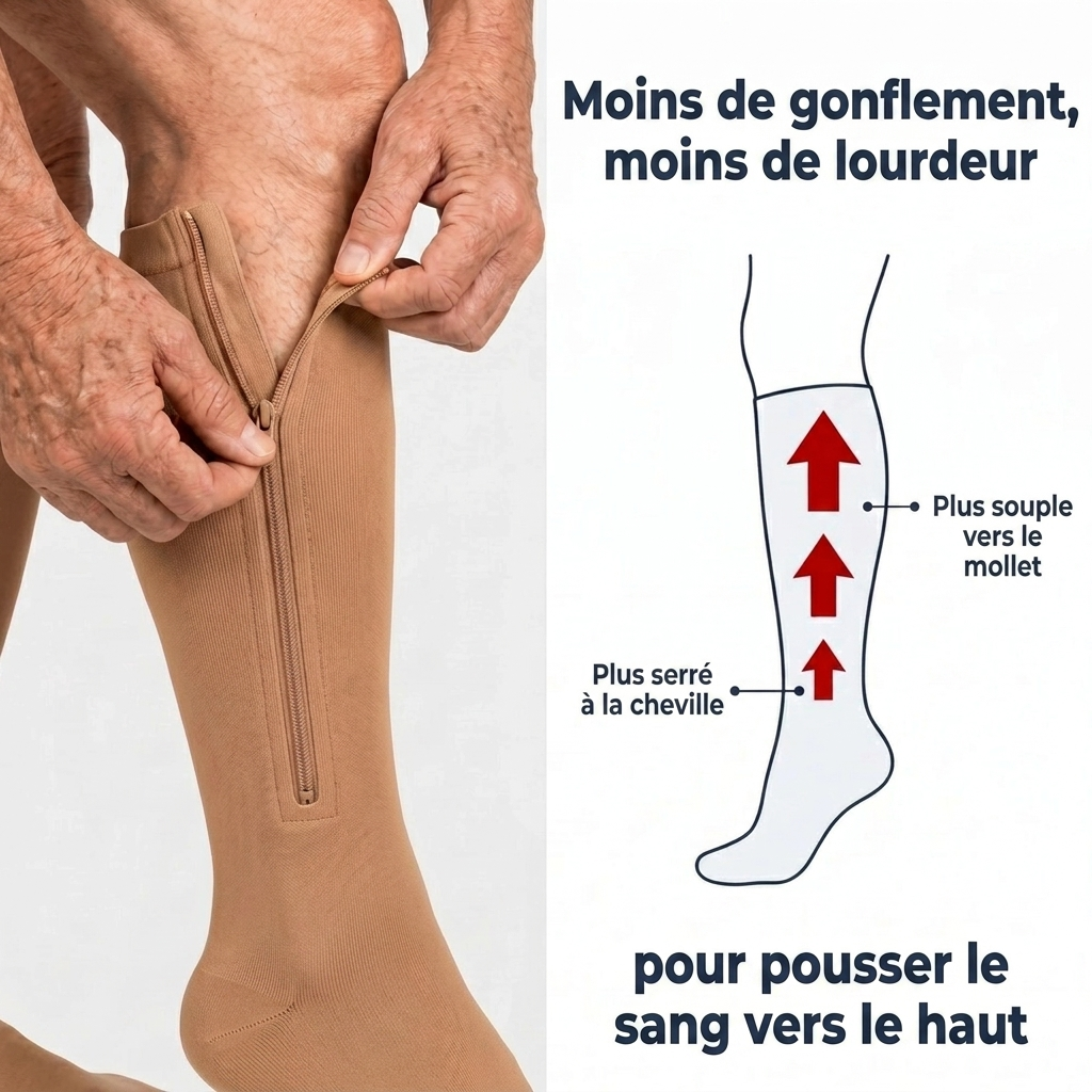 Bas de contention à compression dégressive avec fermeture éclair