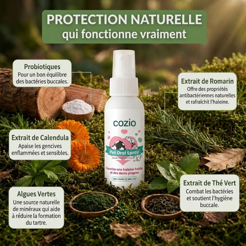 Spray Dentaire cozio™ – Élimine les bactéries responsables du tartre et de la mauvaise haleine chez le chien