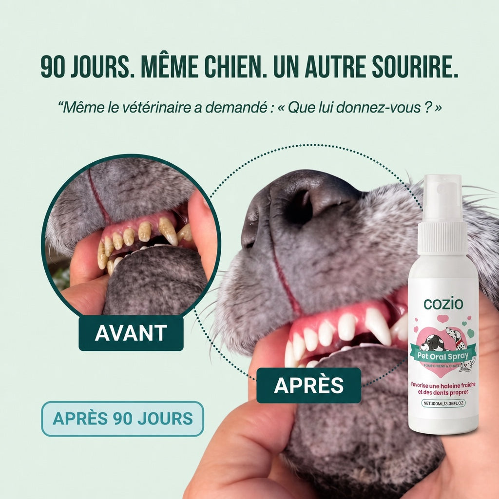 Spray Dentaire cozio™ – Élimine les bactéries responsables du tartre et de la mauvaise haleine chez le chien