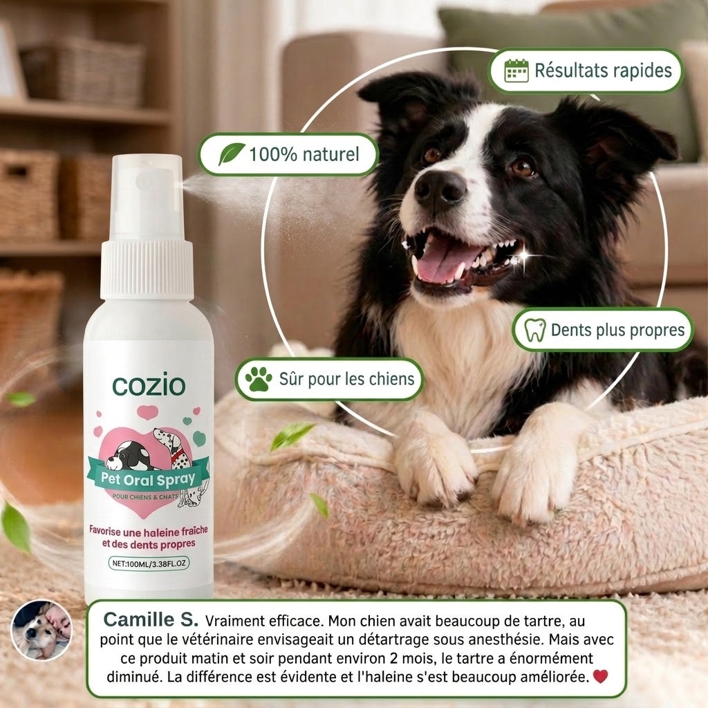 Spray Dentaire cozio™ – Élimine les bactéries responsables du tartre et de la mauvaise haleine chez le chien